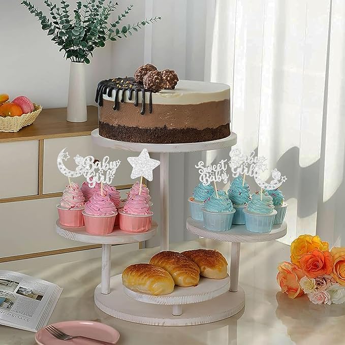 Gyufise 24Pcs Baby Shower Girl Cupcake Toppers with Moon Glitter Star Sweet Baby Gender Reveal Cupcake Picks Decorations for Baby Shower Kids Girls Birthday Party Supplies Silver