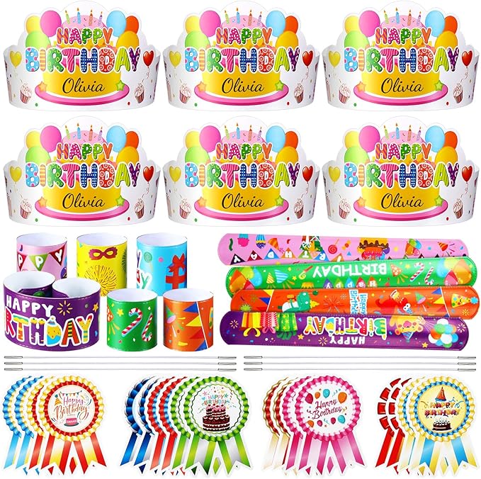 Yunsailing 108 Pcs Happy Birthday Party Supplies for Kids Include 36 Birthday Paper Crowns 36 Badge Stickers and Slap Bracelets for Classroom School Party Supply(Cute Style)