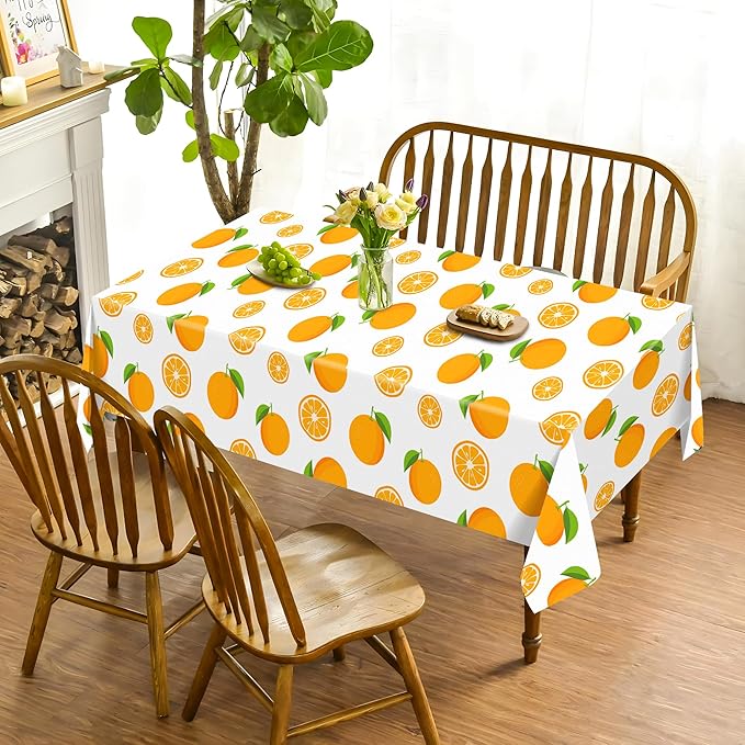2-Pack Orange Party Tablecover Fruit Orange Pattern Plastic Tablecloths – 54 x 87 Inch Little Cutie Disposable Waterproof Table Covers for Summer Parties, Picnics, Kitchen & Dining Decor