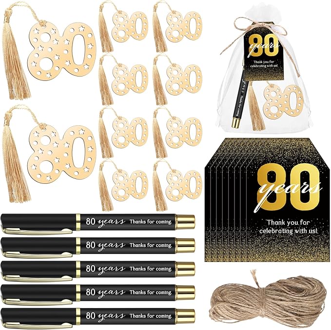 Spakon 25 Set 80th Birthday Party Favor for Guest Anniversary Party Favor Golden Birthday Bookmark Thanks for Coming Pen with Tag Appreciation Gifts for Women Men Wedding New Year