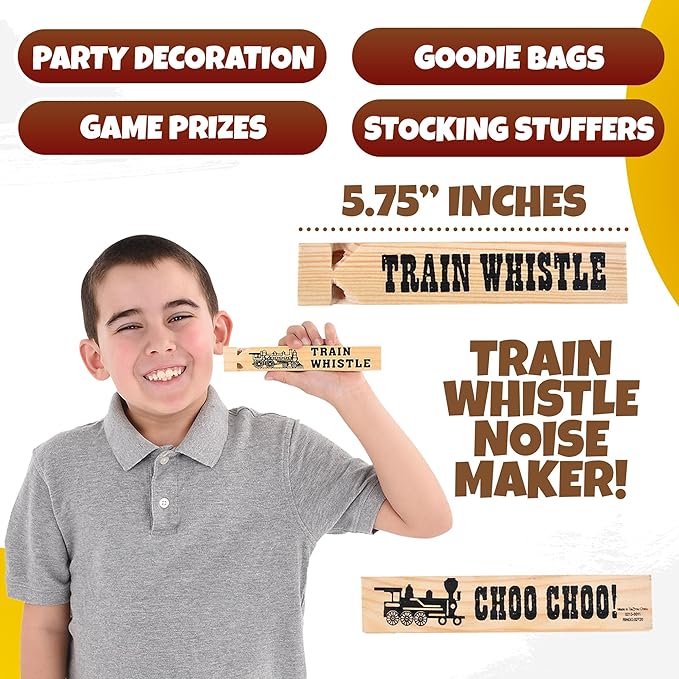 Wooden Train Whistles (Pack of 120) - Wood Train Whistle for Kids, Train Party Favors, Theme Birthday Decorations, Noisemakers, Goodie Bag Filler, Small Game Prizes, Stocking Stuffers