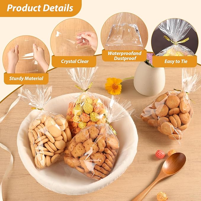 RICEDUO 100-Pack Cellophane Treat Bags with Twist Ties - 5x7 Inch Clear Party Favor Bags for Candy, Cookies, Birthday Goodies, Baby Showers & Holiday Gift Wrapping