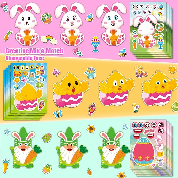 Aowplc 64 Sheets Easter Make a Face Stickers for Kids - 16 Cute Designs - Fun Party Favors, Crafts, Decorations & Basket Stuffers for Easter
