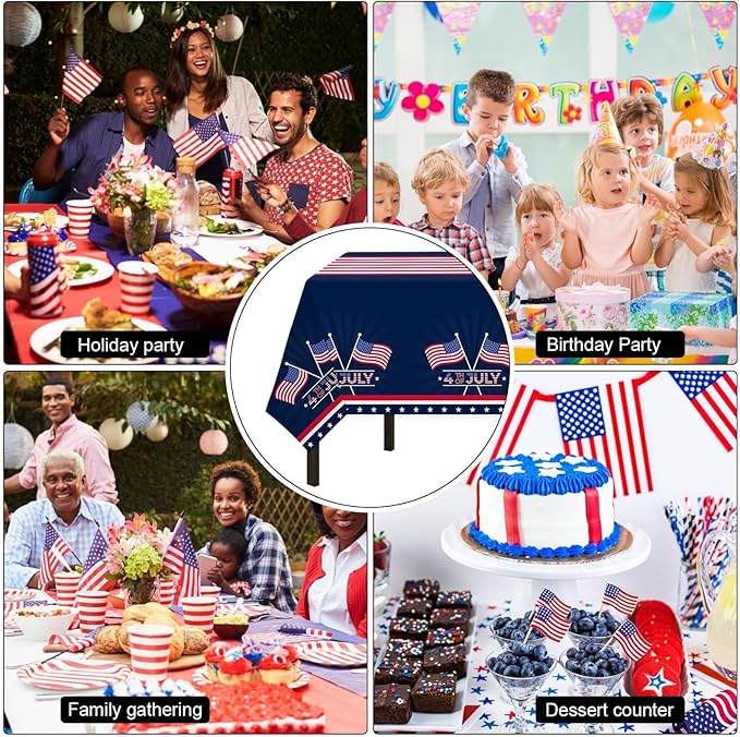 Childom 2 Pack Patriotic Tablecloth,Patriotic Decorations 54" x 108" Disposable American Flag Tablecloth,Plastic Table Cover for Veterans Day Decorations,Fourth of July,Camping,Picnic,Party Supplies