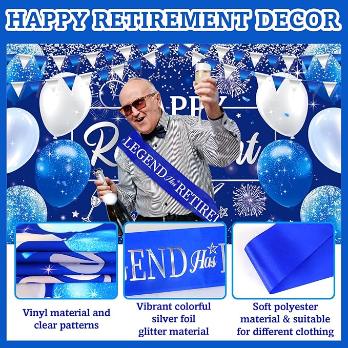 Happy Retirement Party Decorations for Men Women Blue Silver Happys Retirements Decorations Happy Retirements Banner Backdrop Card Retirement Sash Hanging Swirls Foil Balloons Honeycomb Centerpieces
