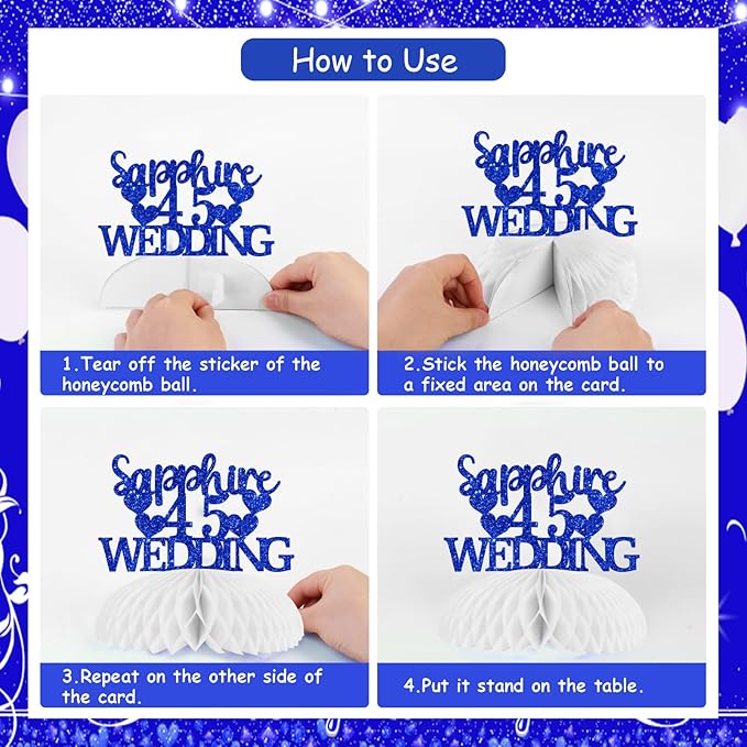 Cheereveal 8 Pieces Happy 45th Wedding Anniversary Honeycomb Centerpiece, Navy Blue Glitter Photo Table Topper, Cheers to 45 Years Sapphire Wedding Anniversary Theme Party Supplies for Men and Woman