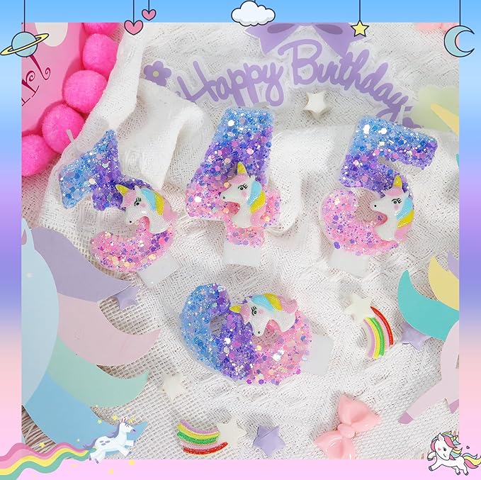Unicorn Candle - Number 4 Candle, 4th Birthday Decorations for Girls, Colorful Sequins Birthday Candles for Cake, Cartoon Unicorn Theme Party Decorations
