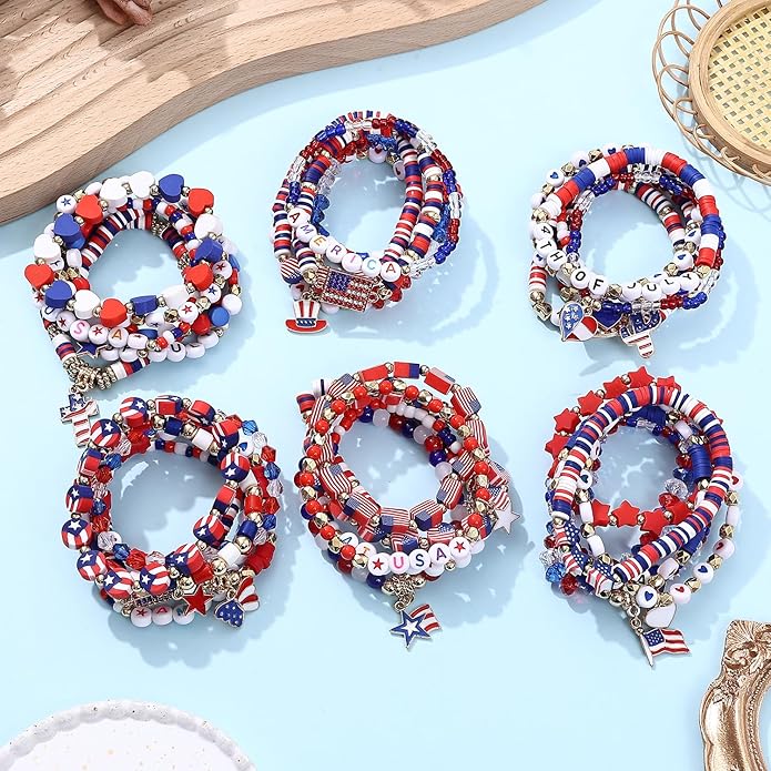 Cooluckday 36 Pcs Holiday Heishi Surfer Bracelets for Women Bulk Easter Mother's Day Christmas St. Patrick's Day Mardi Gras Bracelet Stackable Stretch Friendship Bracelets Set