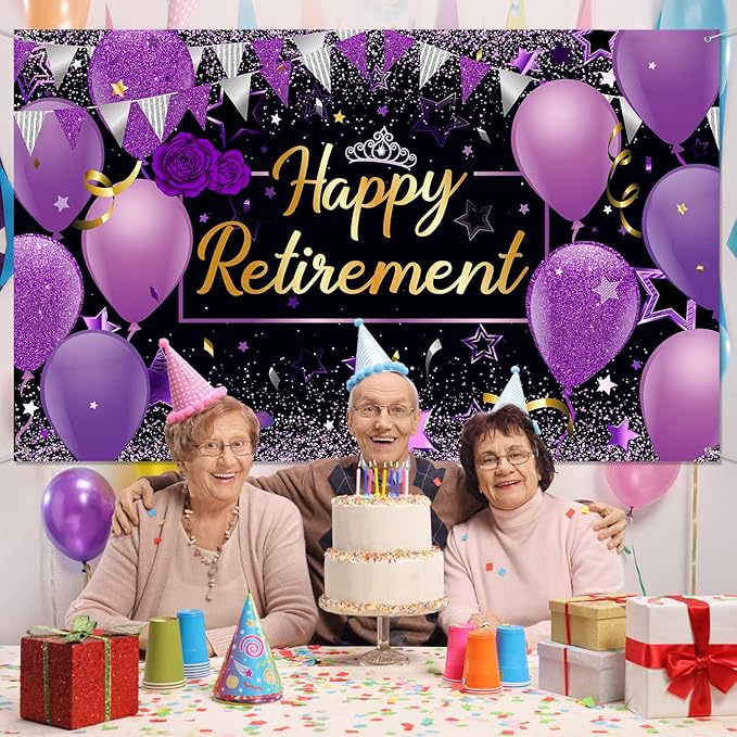 Blulu Retirement Party Decorations, Extra Large Fabric Retire Sign Banner Photo Booth Backdrop Background with Rope for Retirement Party Favor(72.8 x 43.3 Inches,Purple and Black)