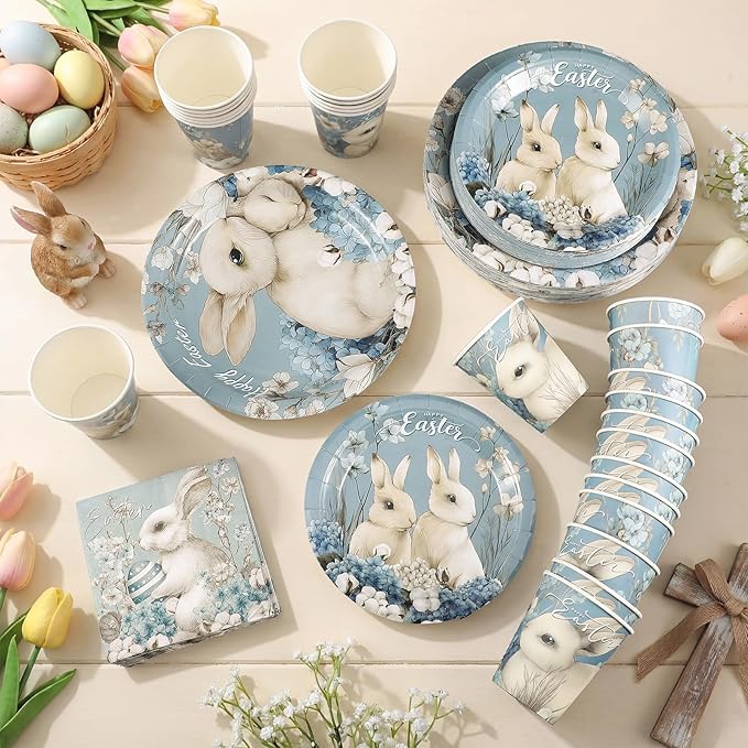 200 Pcs Easter Party Supplies Easter Bunny Hydrangea Decorations Disposable Plates Cups Napkins Set Rustic Farmhouse Tableware Serve 50 Guests Wildflowers Dinnerware for Spring Table Decor