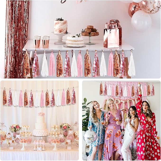 BEISHIDA 3 Packs White Pink Rose Metallic Foil Fringe Tassel Garland Banner Streamers for Girl Birthday Bridal/Baby Shower Wedding Engagement Valentine's Day Anniversary Women's Party Decoration