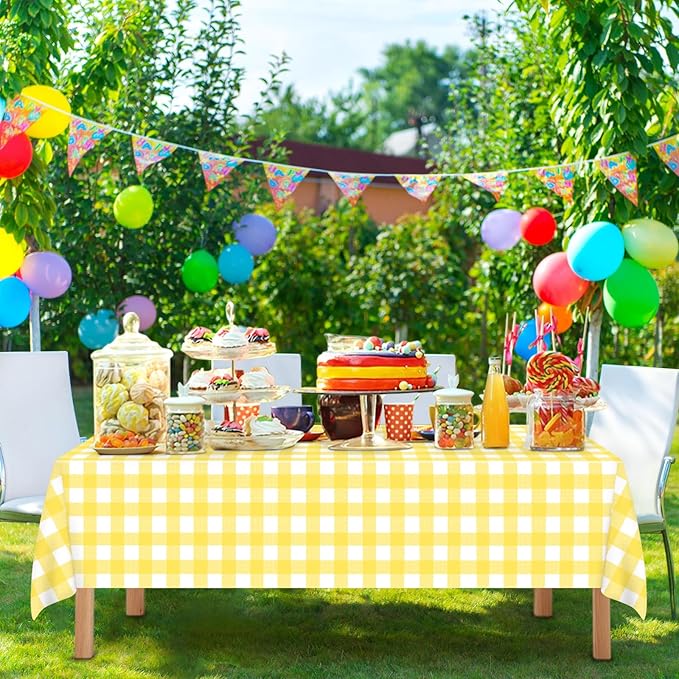 4 Pcs Yellow Checkered Tablecloth 54 ×108 Inches Rectangle Yellow Gingham Tablecover Disposable Plastic Waterproof Table Cover for Outdoor Picnic, Kitchen, Holiday Birthday Party