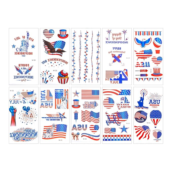4th of July Temporary Tattoos Party Decoration, American Flag Red White and Blue Patriotic Tattoo, Fourth of July USA Face Tattoo Sticker Party Favors Memorial Veterans Independence Day Accessories