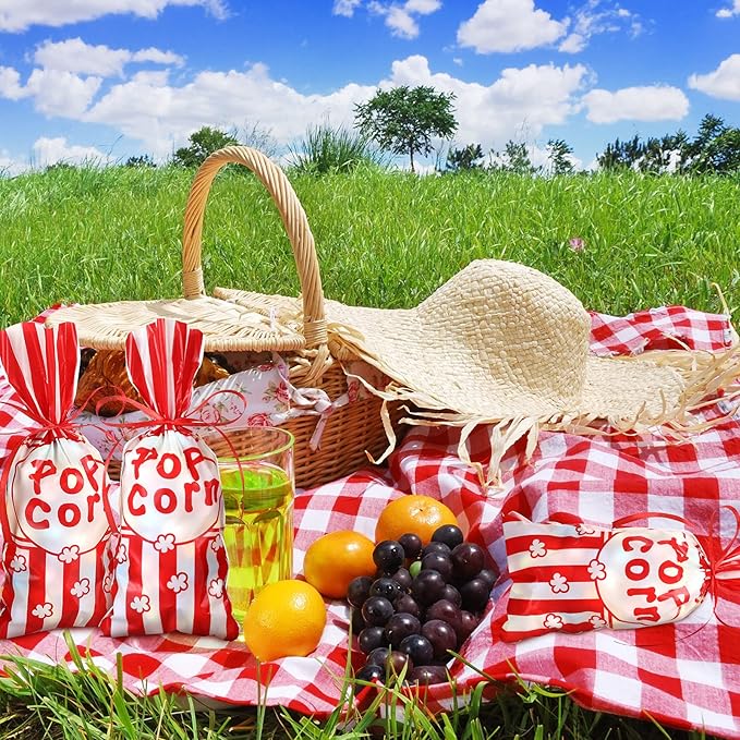 Outus 100 Pcs Popcorn Bags for Party Popcorn Treat Bags Red and White Stripe Carnival Candy Containers with a Roll of Red Ribbon for Circus Carnival Party Birthday Favor