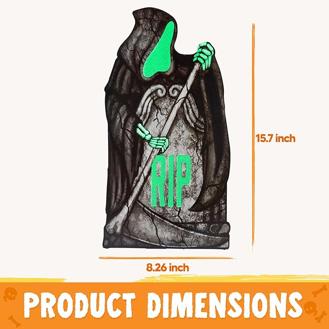 JOYIN 15.7” Halloween Decorations Outdoor Graveyard Tombstones Fluorescent, 7 Pcs Glow in The Dark with Black Light Spotlight Headstone with 12 Metal Stakes, Tombstone for Cemetery Outside Yard Decor