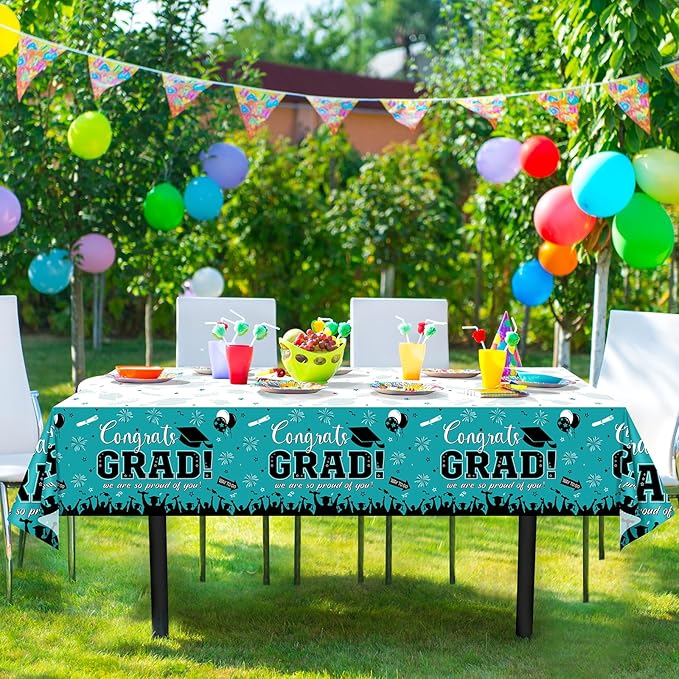 3 Pack Graduation Tablecloth Party Decorations, Class of 2026 Congrats Grad Plastic Tablecover Party Supplies, Teal Rectangle Graduation Table Decorations for College High School, 54 x 108 Inch
