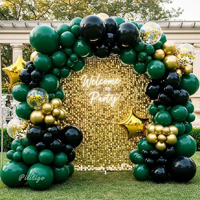 Double Stuffed Dark Green Black Gold Balloon Arch Kit - 104Pcs Emerald Green Balloon Garland with Gold Star Foil Balloons for Graduation 2026, Birthday, Wedding, Baby Shower, Jungle Party Decorations
