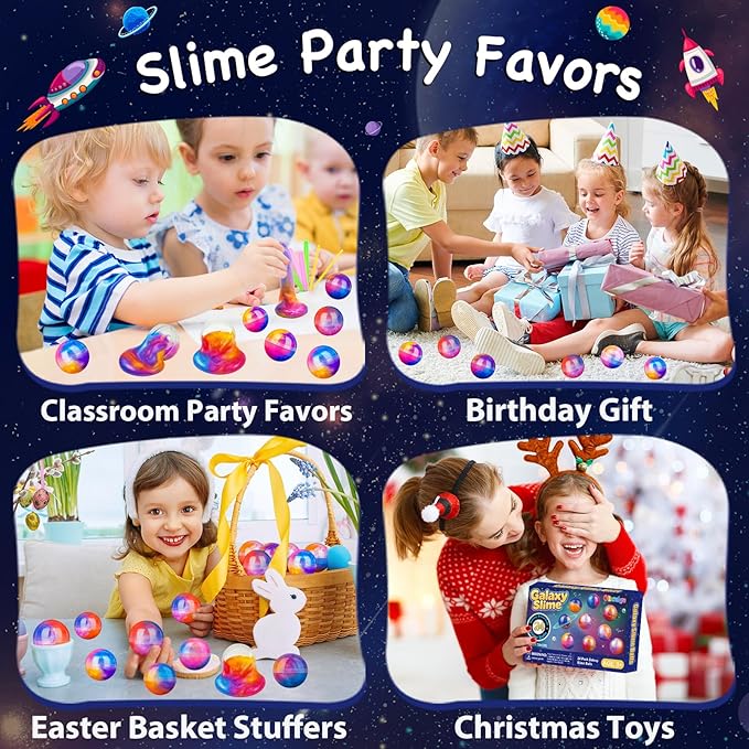 24 Pack Easter Galaxy Slime Party Favor, Galaxy Slime Balls Stress Relief Easter Hunt Filling Treats Classroom Easter Basket Stuffers Classroom Prize Gifts for Kid Teens Boy Girl