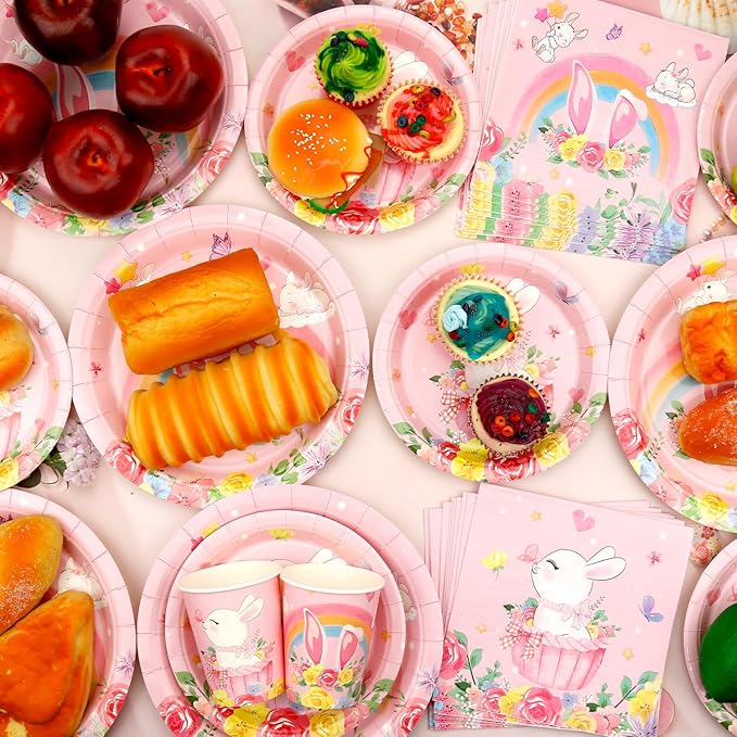 KEFAN Bunny Birthday Party Decorations, Rabbit Theme Party Tableware Supplies including Plates, Cups, Napkins, Tablecloth (20)