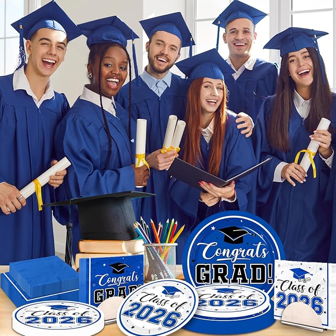 Graduation Party Plates and Napkins Blue Class of 2026 Grad Congrats Party Supplies Disposable Dessert Paper Plates Cocktail Napkins forGraduation Party Decorations,Serve 50