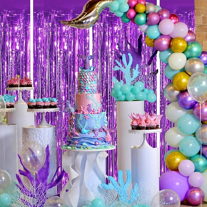Valentines Day 4 Pack 3.3 * 8.3 ft Foil Curtain Metallic Tinsel Fringe Curtains Photo Booth Props Backdrop for Birthday Wedding Engagement Baby Shower Christmas Holiday Celebration Partyl,Purple