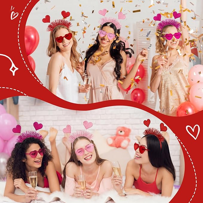 JATEBI 12PCS Valentines Day Heart Headbands and Heart Shape Sunglasses Valentine's Accessories for Women Hair Birthday Easter Party Costume Accessory