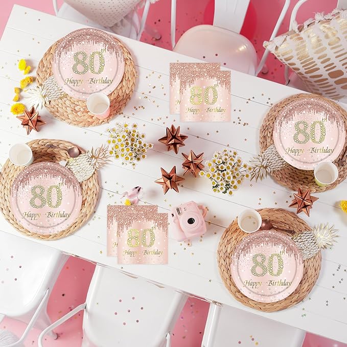 80th Rose Gold Birthday Plates and Napkins, 9 Inch Pink Rose Gold Disposable Dinner Dessert Plates Happy 80th Birthday Party Supplies Decorations for Girls Women