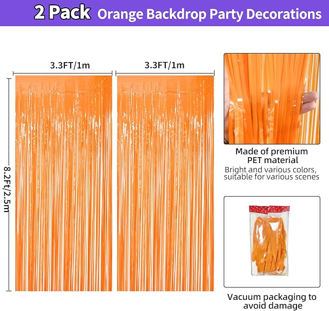 Thanksgiving Decorations Orange Streamers Fringe Backdrop 3.3x8.2ft, 2 Pack Foil Fringe Curtains for Basketball Birthday Party Decorations, Wall Door Decor Tinsel Backdrop for Halloween Bachelorette