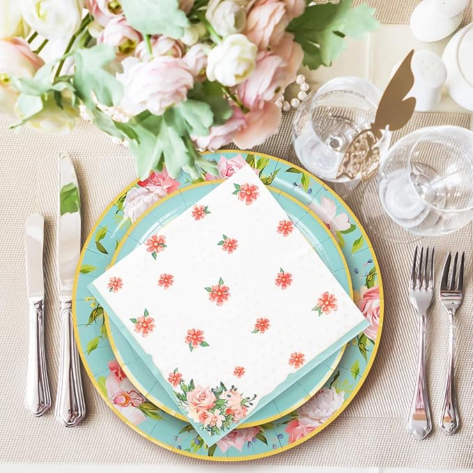 Whaline Tea Party Tableware Supplies Serves 24 Floral Tea Party Disposable Paper Dinnerware 24 9" Plates 24 7" Saucer Plate 24 9oz Tea Cups with Handle 48 Luncheon Napkins for Birthday Bridal Shower
