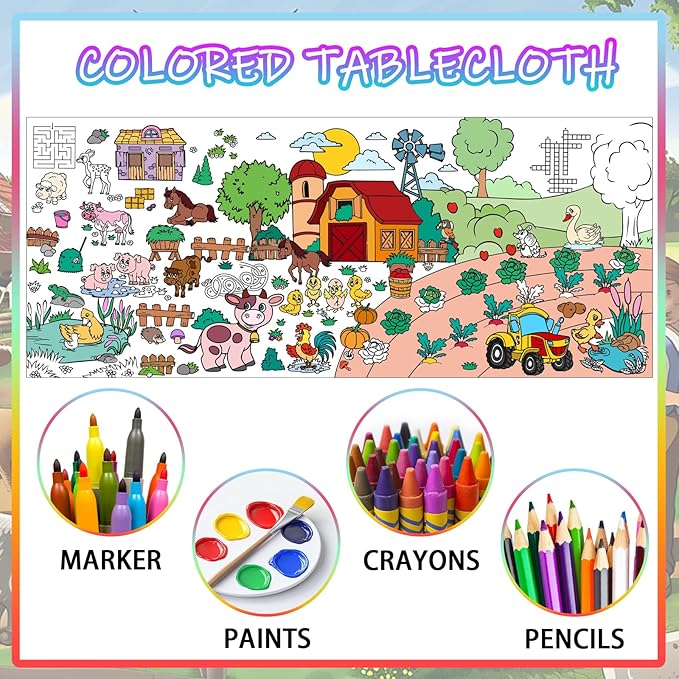 Farm Animal Party Giant Coloring Poster, 72 x 30 Inches Large Coloring Tablecloth Animals Drawing Roll Paper for Kids Farm Animals Themed Activity Wall Home Classroom Party Suppiles