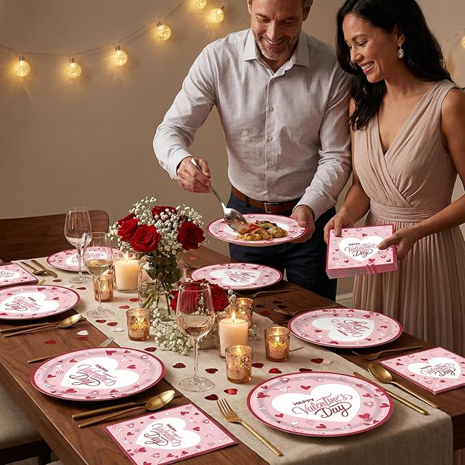 Pink Valentines Day Plates and Napkins Set for 20 Guests - Disposable Heart Paper Plates 9 inch 20 pcs & Floral Napkins 20 pcs, Perfect for Galentines Party Decorations, Romantic Dinner Party Supplies