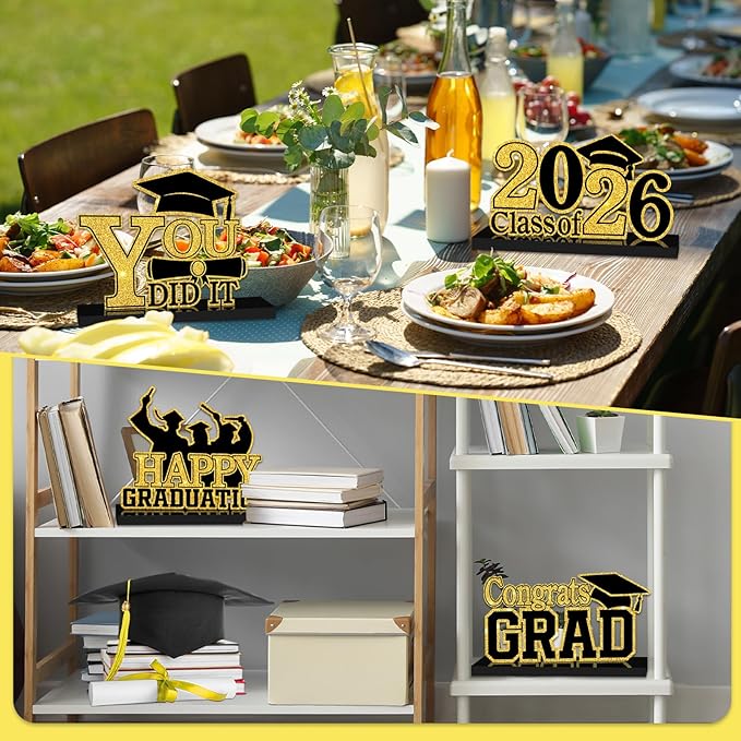 4Pcs Graduation Decorations Class of 2026 Wood Table Centerpieces Congrats Grad Wooden Sign Graduation Table Toppers Congratulate Tiered Tray Decor for 2026 Graduation Party (Black-Gold)