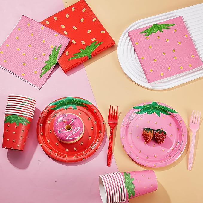 200 Pieces Strawberry Party Tableware Set Strawberry Plates Napkins Forks Cups Party Supplies Sweet Red Pink Baby Shower Birthday Decoration for Guests
