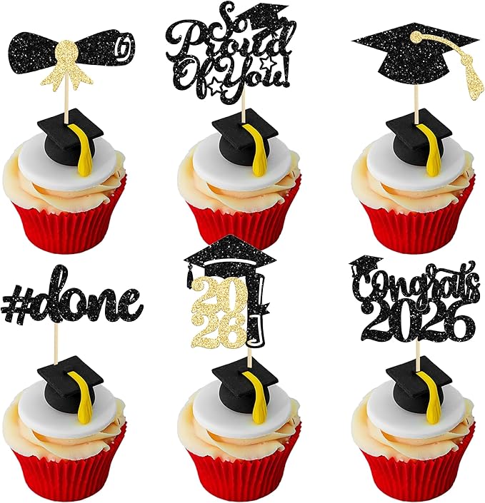Gyufise 24Pcs Black Glitter 2026 Graduation Cupcake Toppers Glitter Congrats Class of 2026 Diploma Done Grad Cap Cupcake Picks So Proud of you Cake Decorations for 2026 Graduation Theme Party Supplies