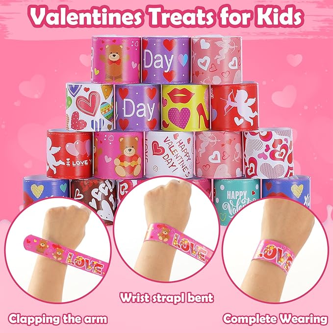 Valentines Slap Bracelets for Kids 36PCS Valentines Day Gifts for Kids Bulk Snap Bracelets Valentine Party Favors Goodie Bag Stuffers Treats Student Classroom Exchange Prizes Decorations Accessories