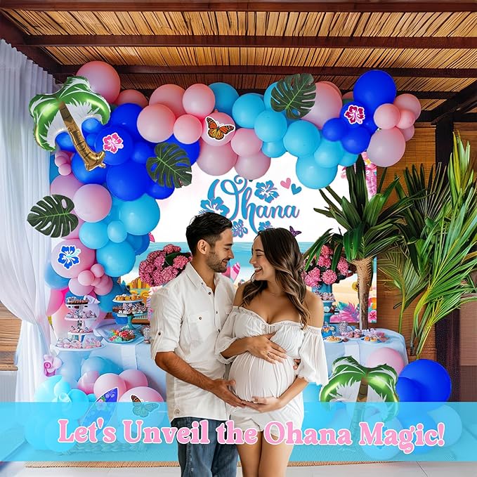 Blue and Pink Balloon Garland Arch Kit with Coconut Tree foil balloons ohana Backdrop Hibiscus Flower Paper Card for Summer Hawaii gender reveal Baby shower Hawaii cartoon birthday party decorations