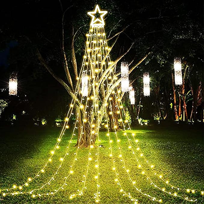 Christmas Decoration Lights, Outdoor Christmas String Lights 320 LED 11.5 Ft Waterfall Tree Light with Big Star Topper 8 Light Modes for Xmas New Year Holiday Garden Yard Indoor Outdoor Decor
