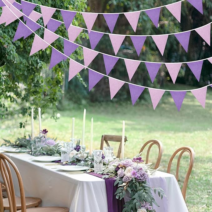 46Ft Purple Party Decorations Purple Burlap Banner Triangle Pennant Flag Linen Bunting Garland Streamers for Vintage Lavender Birthday Wedding Rustic Violet Baby Shower Engagement Party Decorations