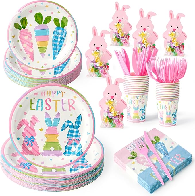 Mostop 160 Pcs Easter Tableware Set Party Supplies for 20 Guests Disposable Paper Plates, Cups, Napkins Forks Set Decorations for Easter Party Spring Holiday Picnics