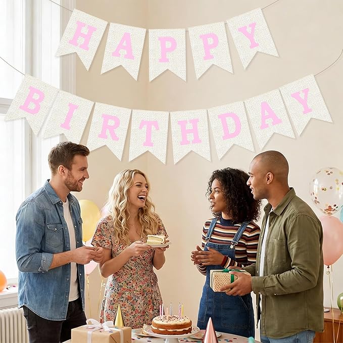 Burlap Happy Birthday Banner, Pink Assembled Happy Birthday Banner Sign Garland for Boys Girls Rustic Party Decorations