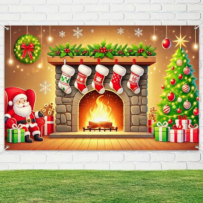 Christmas Banner Santa Claus Fireplace Stockings Tree Gifts Holiday Wall Backdrop Warm Decor Indoor Outdoor Photo Background Party Supplies Home Decoration 71 X 43 Inches