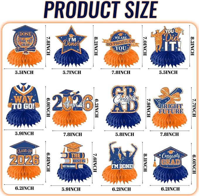 12pcs Graduation Table Decorations,Orange and Blue Graduation Decorations Graduation Centerpieces for Tables Class of 2026 Centerpieces Honeycomb for 2026 Congrats Grad Table Decor (Orange and Blue)