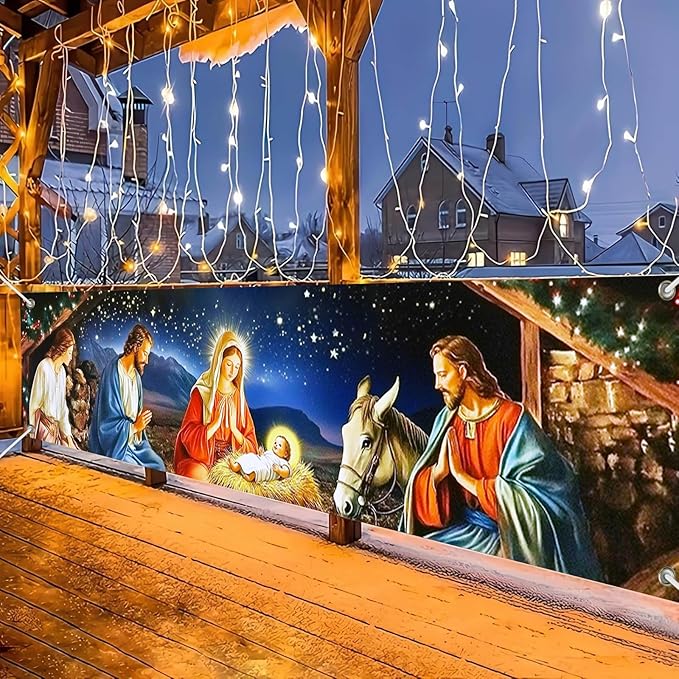 Nativity Scene Banner 79x18 Inches Christmas Fence Banner Holy Night Yard Display Jesus Birth Manger Scene Backdrop Christian Outdoor Decorations Holiday Sign