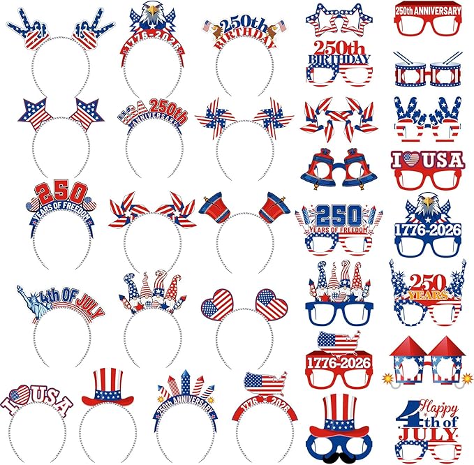 Pajean 32 Pcs 250th Anniversary USA Party Supplies Include 16 Paper Eyeglasses 16 Headbands 4th of July Patriotic Photo Booth Props for Independence Day Memorial Day Patriotic Party Favors Decors
