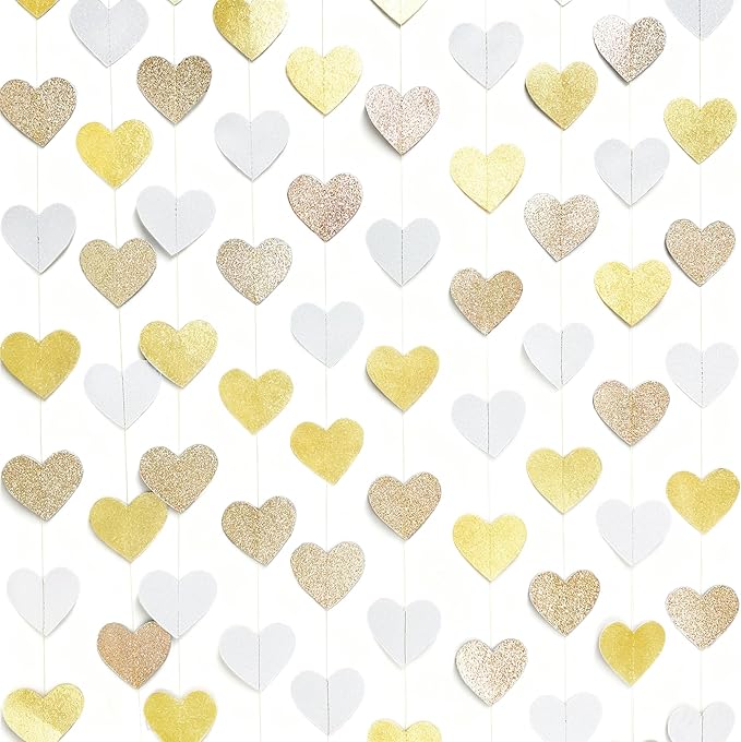 Heart Party Decorations Glitter Gold Champagne Gold White Paper Love Heart Hanging Garland Streamer Banner for Birthday Wedding Engagement Anniversary Valentines Day Baptism Baby Shower Party Supplies