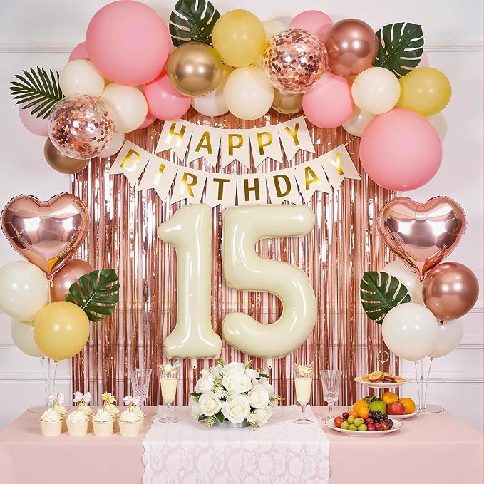 15th Birthday Decorations for Girl, Quinceanera Mis Quince Party Supplies, Retro Sand White Balloon Garland Kit, Cream Number 15 Balloon, Pink Happy Birthday Banner