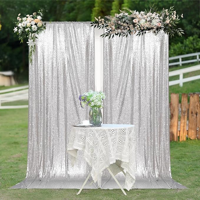 PartyDelight Silver Sequin Backdrop 5x10ft 2 Panels - High Density 3mm Shimmer Sequin Background with 4-Inch Rod Pocket, Sparkly Photography Curtain for Wedding, Stage & Event Decor
