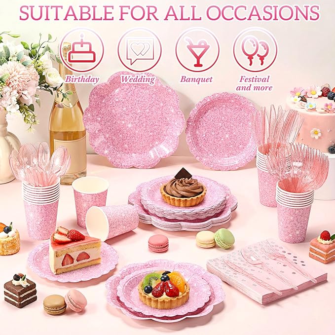 Hushee 175 Pcs Pink Holographic Print Party 25 Guests Disposable Dinnerware Set Include Paper Plates, Napkins, Paper Cups, Plastic Tableware for Birthday Party