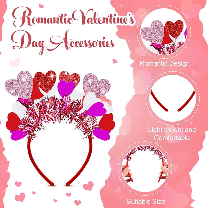 Jutom 24 Pieces Valentines Heart Headbands and Glasses Love Shaped Head Boppers Sunglasses for Adults Galentine's Supplies(Latest Style)