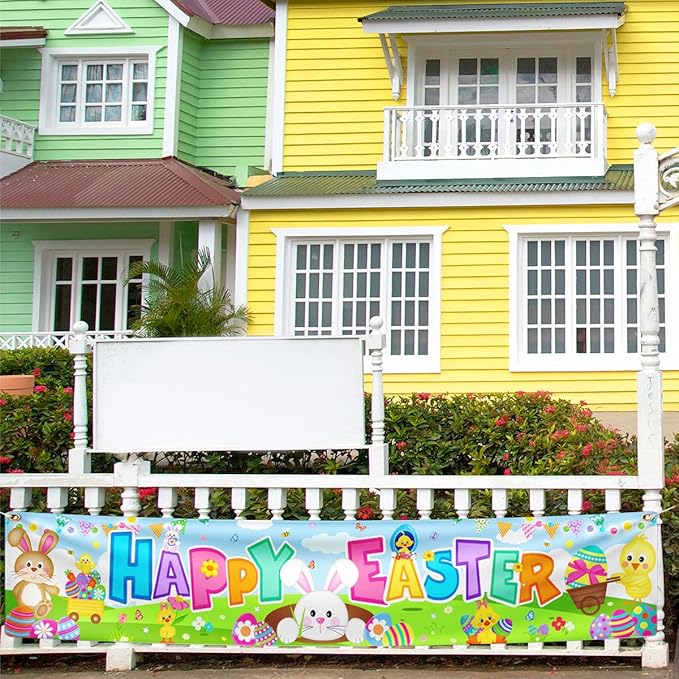 Easter Decorations Happy Easter Banner Traditional Easter Day Porch Banner Easter Yard Sign for Wall Yard Fence Spring Theme Party Indoor Outdoor (Blue)